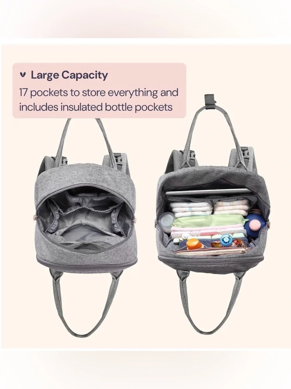 NWT - BabbleRoo - Gray Quilted Baby Diaper Backpack with Tan Accent Trim